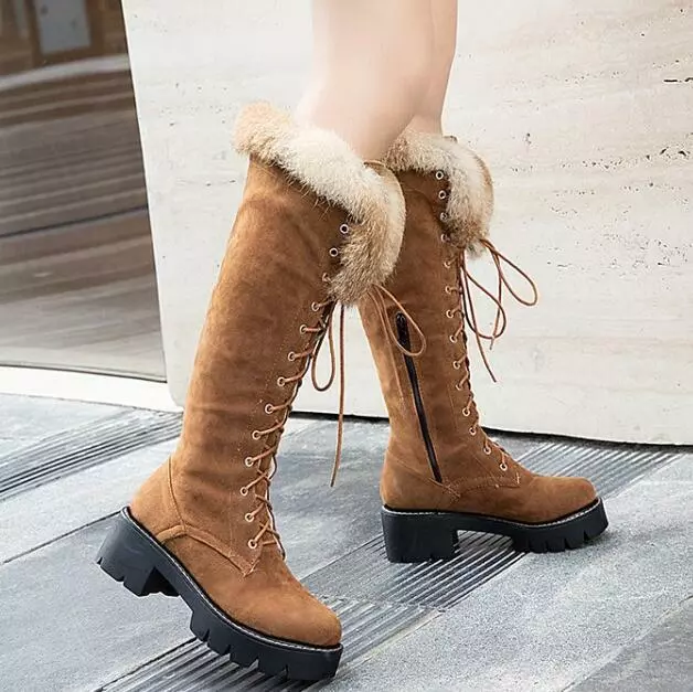 Womens Winter Warm Knee High Boots Lace Up Fur Lined Chunky Heels Zipper  Shoes