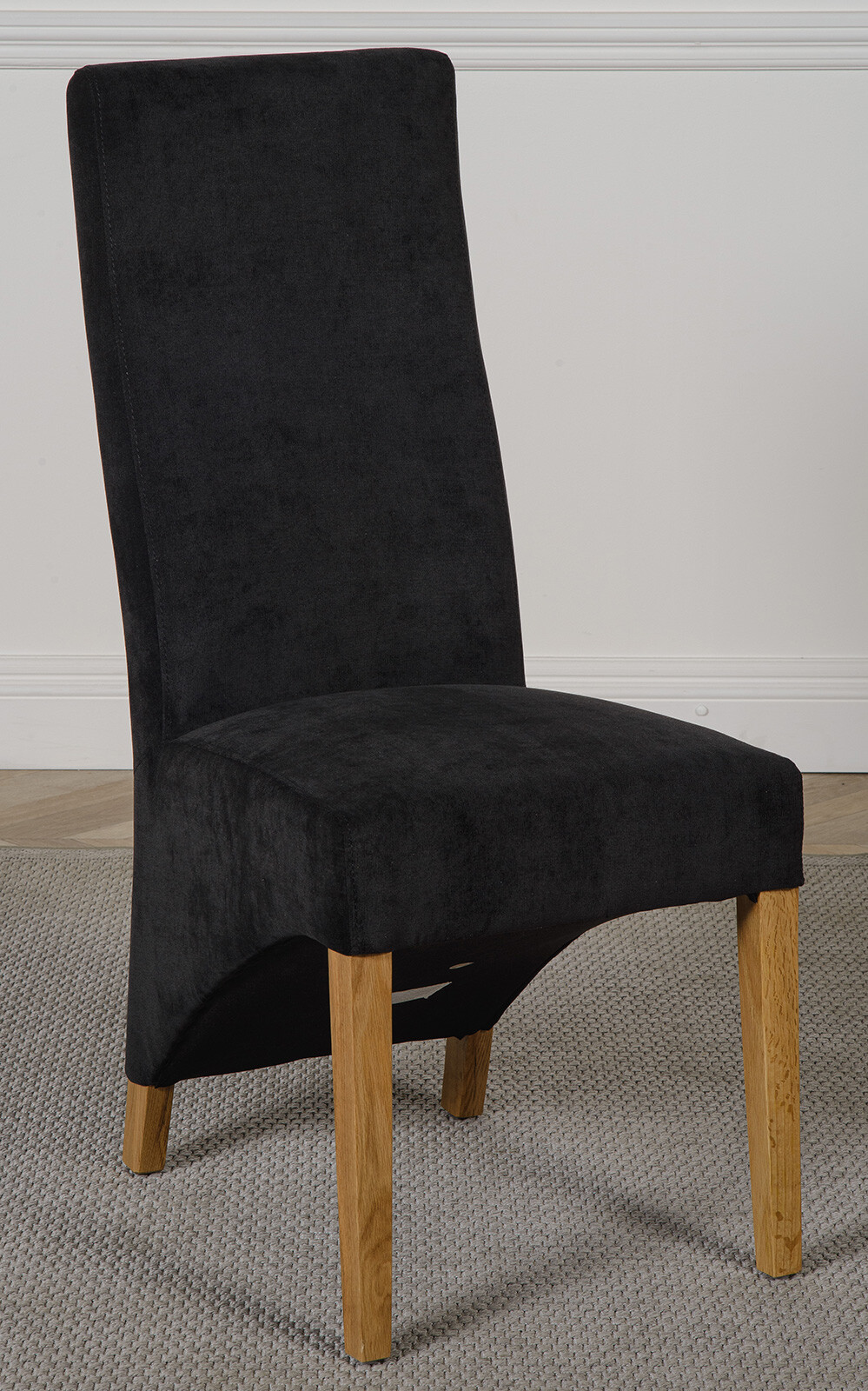 Lola Black Fabric Dining Chairs | Curved Back Black Dining Chairs with Oak Legs