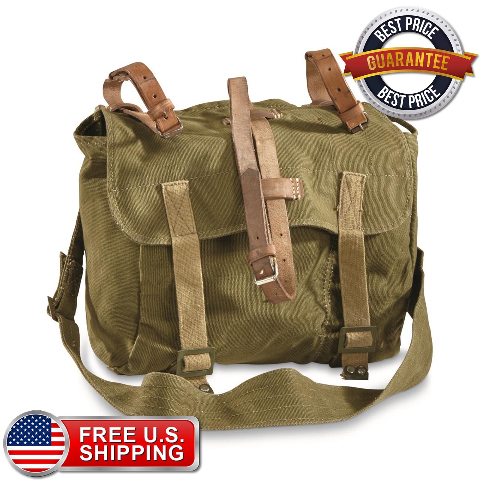 Heavyweight Canvas Shoulder Bag Romanian Military Leather Strap