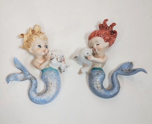 Vintage Norcrest Mermaids Ceramic Wall Set , Blue Tail, Holding Fish P659 *READ - Picture 10 of 24