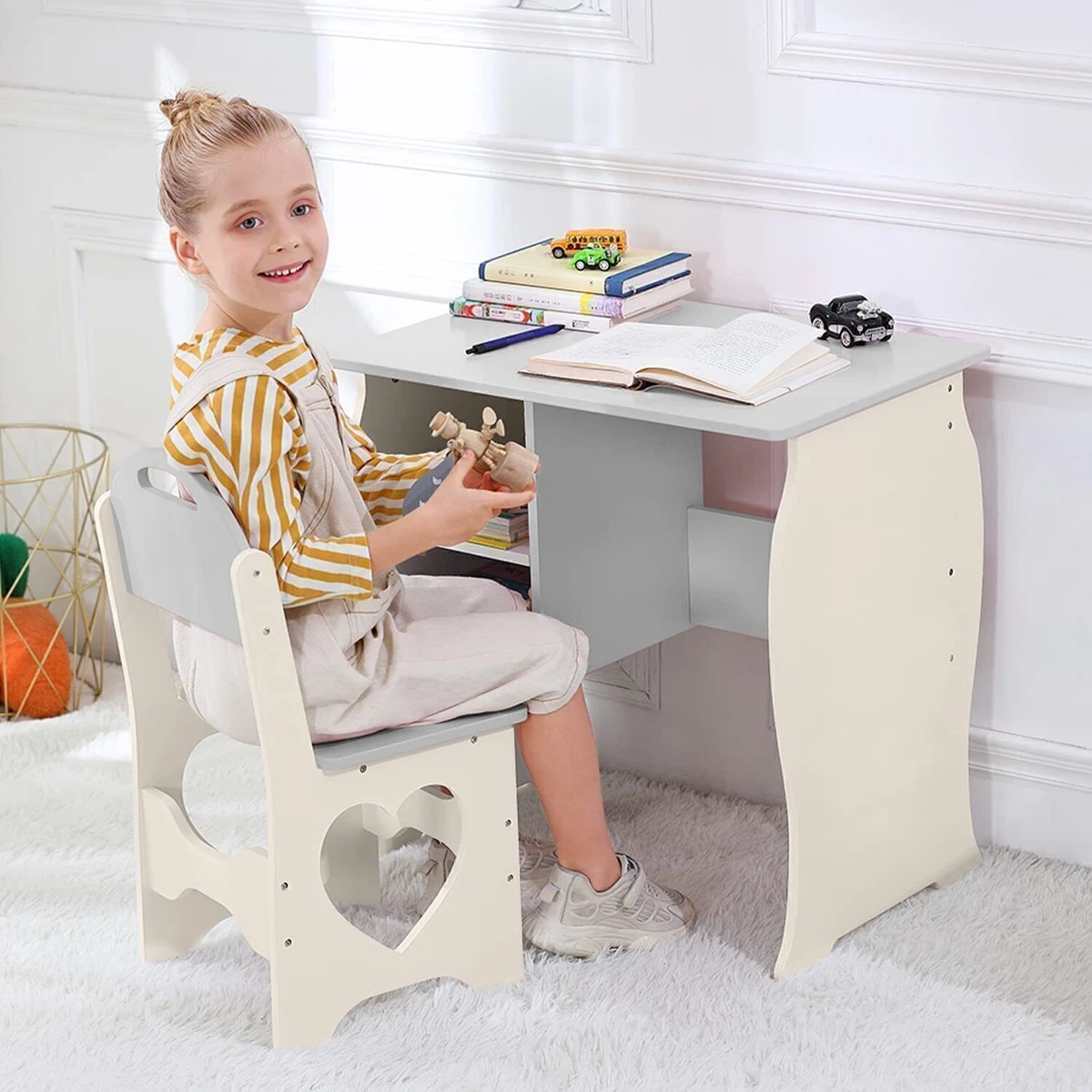 Kids Desk Chair Set Wooden Children Study Table with Stool Storage Shelves