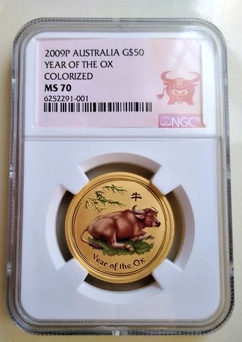 2009 AUSTRALIA GOLD 1/2 oz $50 LUNAR YEAR OF THE OX SERIES 2 COLORIZED NGC MS70