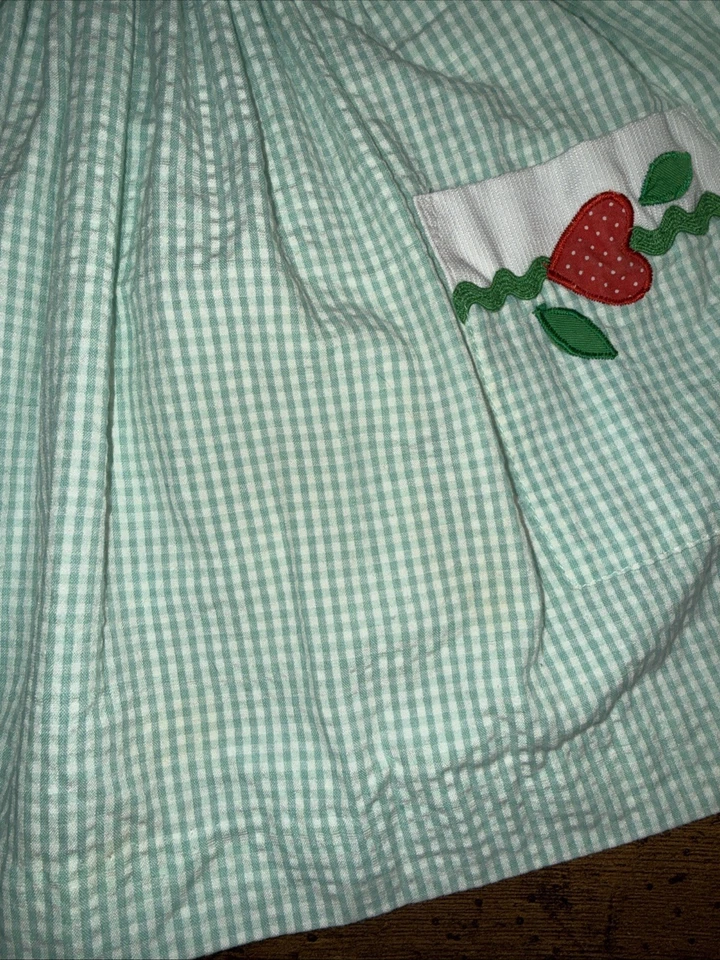 Samara Gingham Green Seersucker Dress Strawberry Accents Size 12 Month Vintage - Image 3 of 4