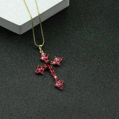 1.00Ct Round Cut Red Ruby Cross Pendant 14K Yellow Gold Finish 18'' Free Chain