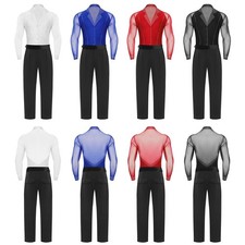 Mens Set Waltz Dance Outfit Ballet Dancewear Chacha Mesh Samba Patchwork Rumba