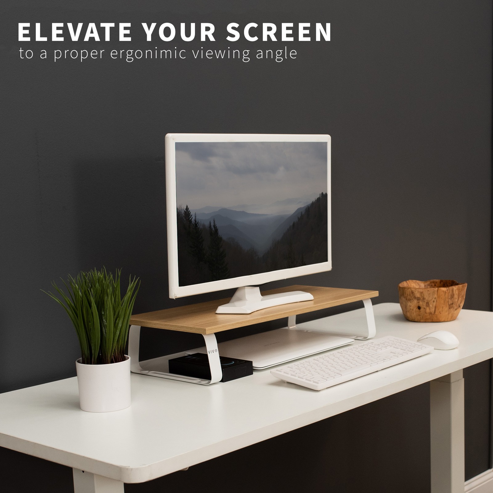 VIVO 24" Desktop Stand Organizer, TV Monitor Riser, Light Wood Top, White Legs