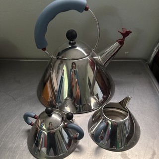 Alessi Michael Graves Tea Kettle Creamer Sugar Bowl Set Blue Handle with bird