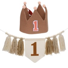 1st Birthday Decorations, One Brown Tassel Banner and Brown Crown Hat