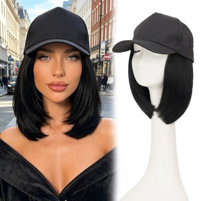 Cap Wig Adjustable Baseball Hat with Attached Synthetic Hair Straight Short Bob