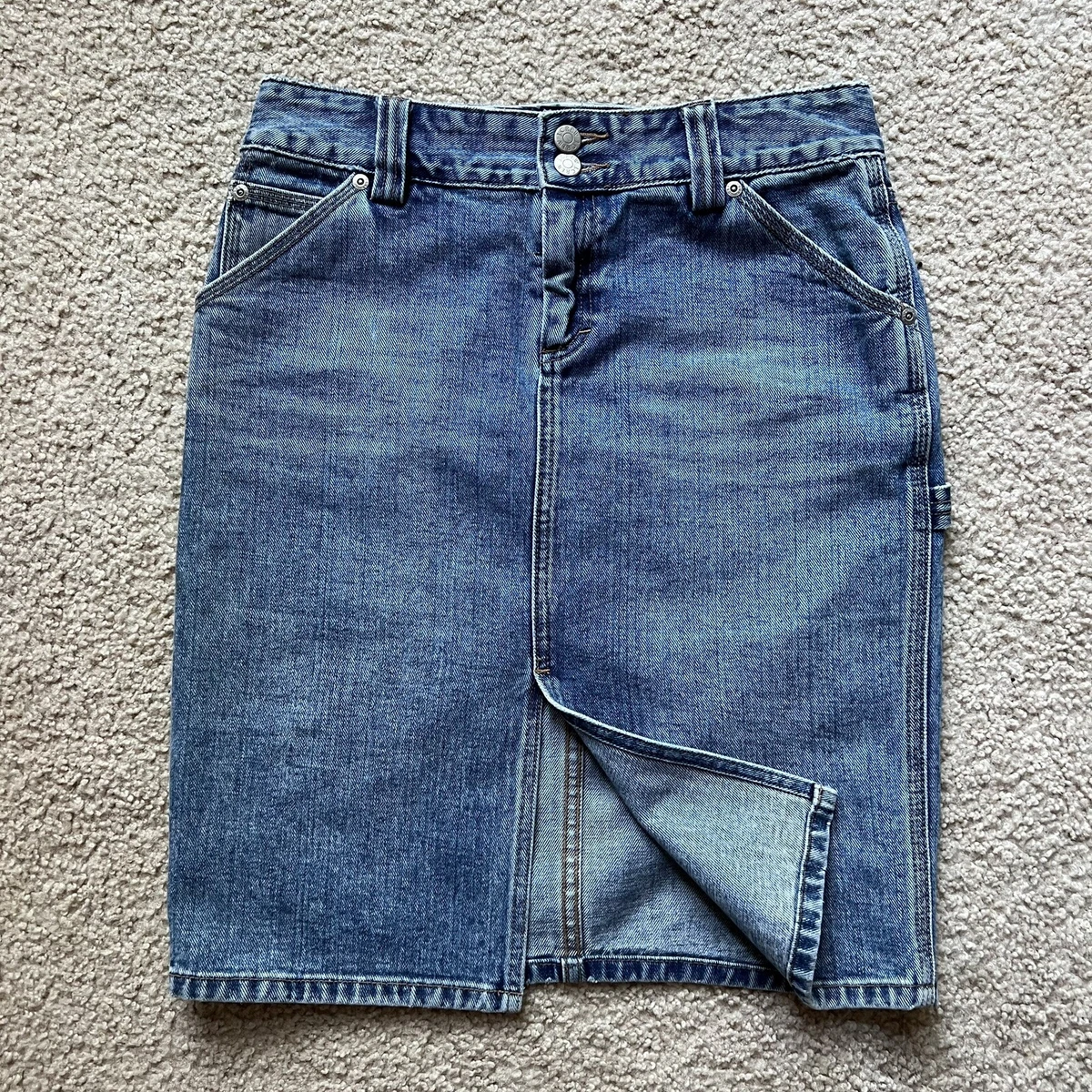 J Crew Womens Size 2 Blue Denim Carpenter Skirt Front Vent B4