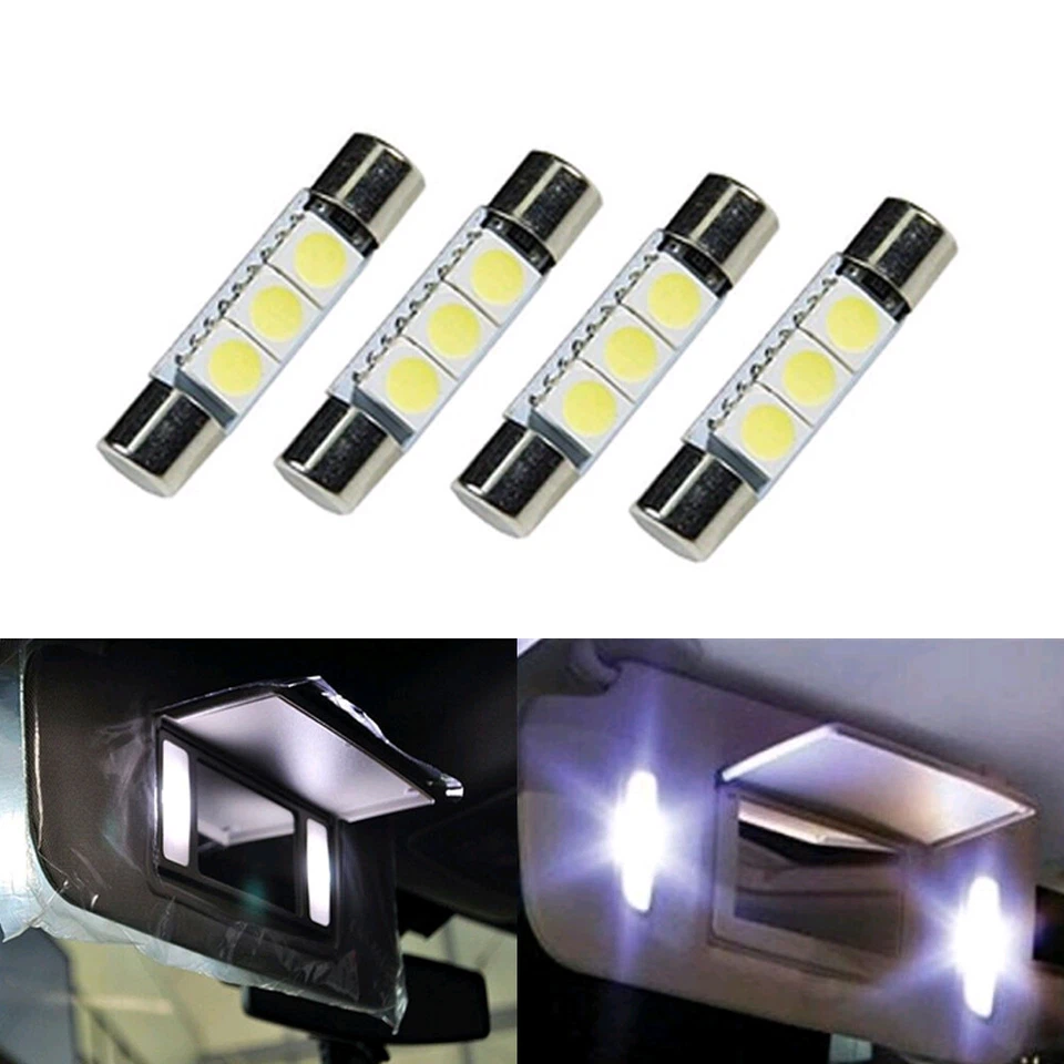 4pcs White 30mm 3SMD 5050 LED Bulb Sun Visor Vanity Mirror Fuse Lights - Image 4 of 4