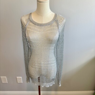 Qed London, Women's Silver Crochet, Raglan Long Sleeve Top, SZ S