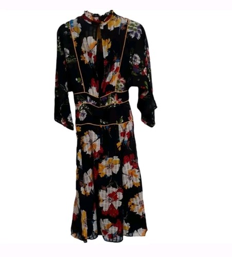 Asos Size 2 Kimono Style Floral Black Red Yellow White High Collar Dress - Picture 5 of 16