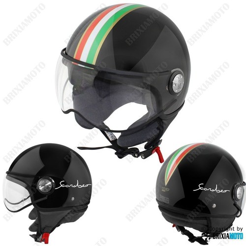 CASCO DEMI JET HELMET MOTO OMOLOGATO NERO TRICOLORE CENTRALE APRILIA  SCARABEO | eBay