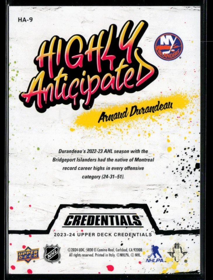 2023-24 Upper Deck Credentials Highly Anticipated #HA-9 Arnaud Durandeau RC - Image 2 of 2