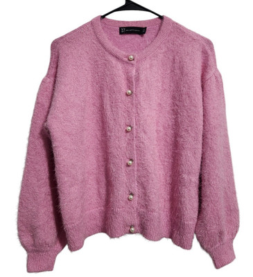 New York & Company NY&C Womens S Fuzzy Pearl Button Cardigan Sweater Pink NY&Co