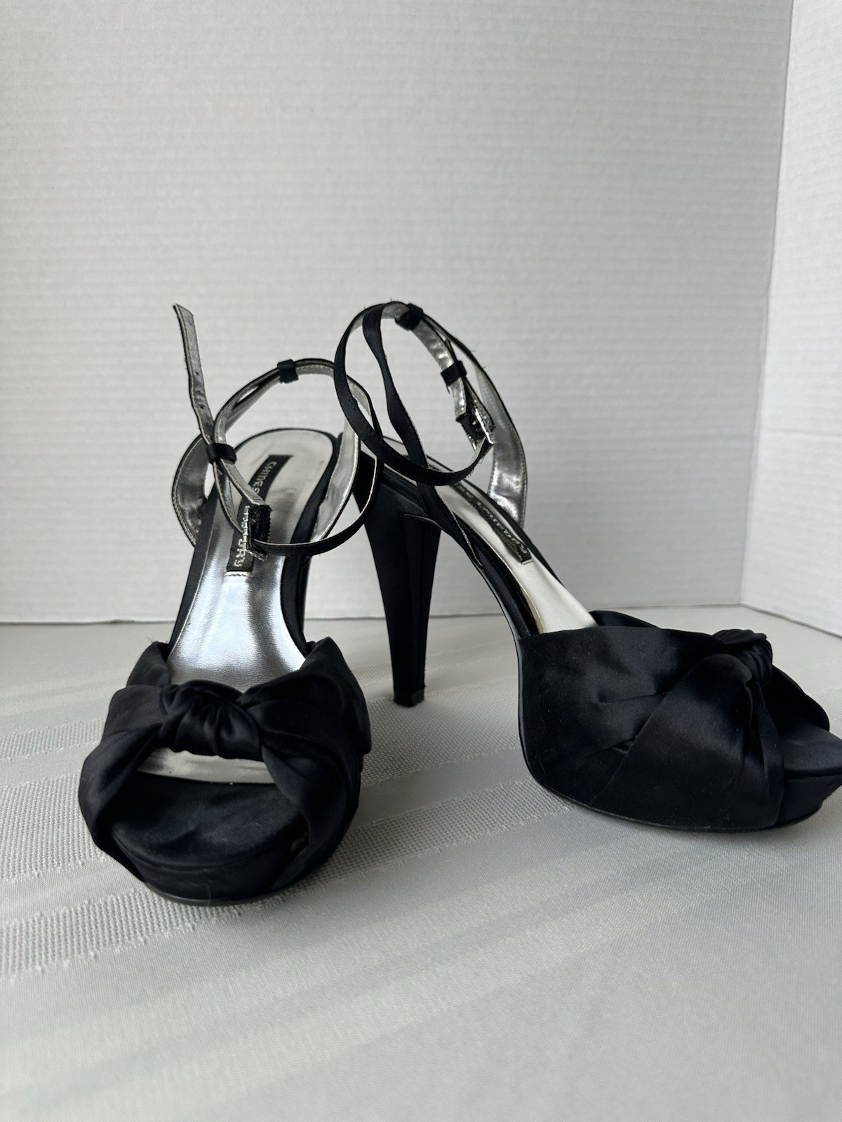 Y2K Chinese Laundry Black Satin Heels Peep Toe Ankle Strap Party Shoes Sz 8.5