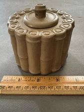 BROWN TAN YIXING BAMBOO SHAPE TEA CADDY JAR CANISTER SUGAR BOWL COVERED W/LID