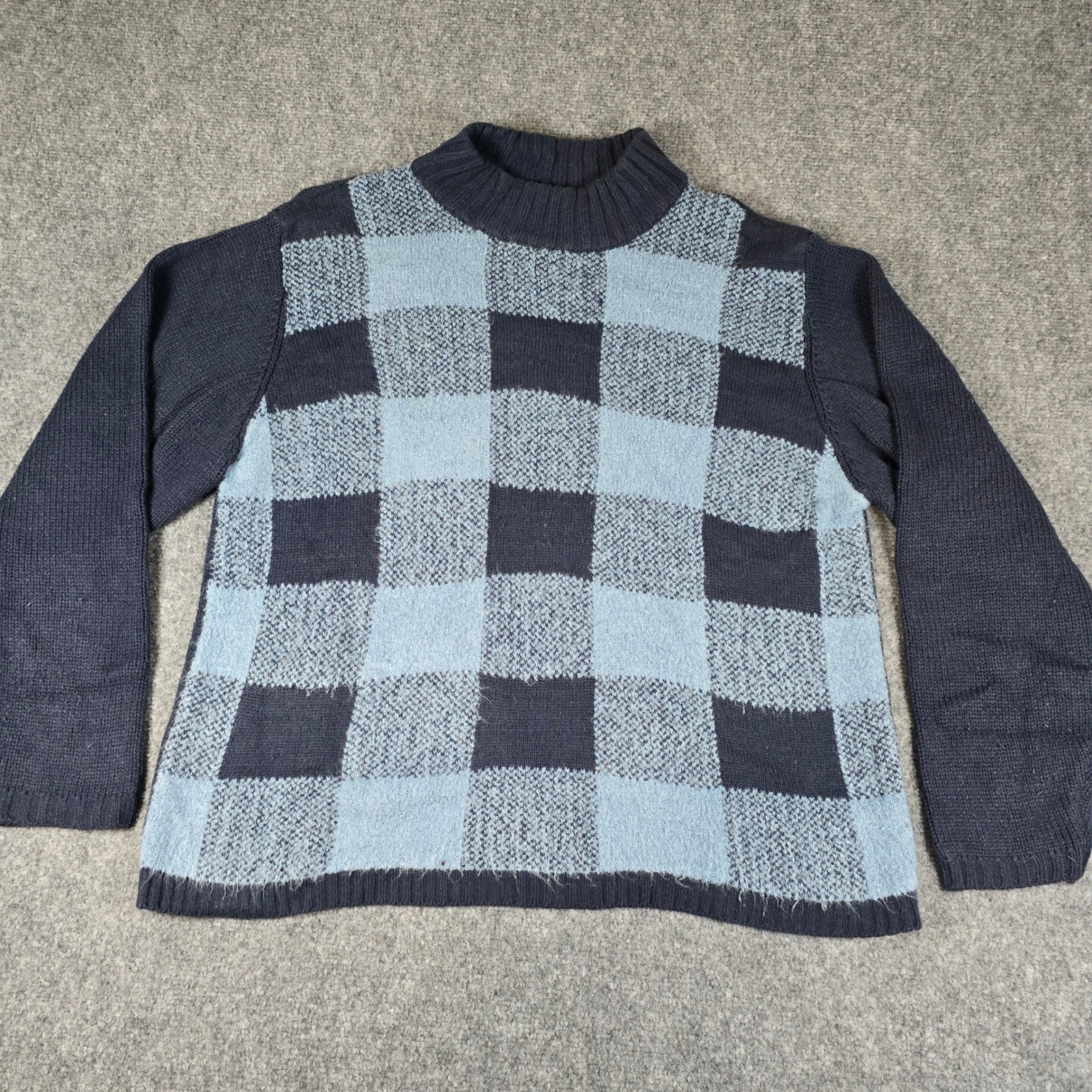 CAROLYN TAYLOR Luxury Women XL Blue Black Checkered Mock Neck Sweater Knit image 2