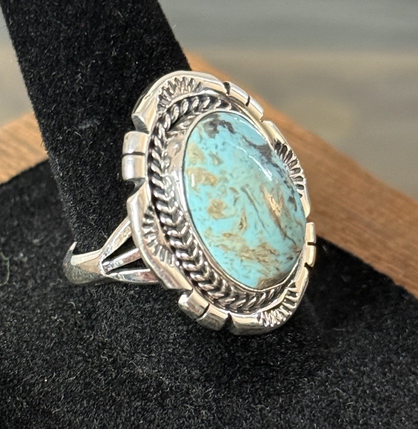 Navajo Sterling Silver and Turquoise Ring by Samuel Yellowhair, Size 8