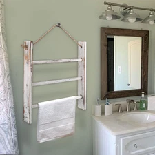 Rustic Wood Towel Rack – Whitewashed Ladder Shelf for Bathroom & Farmhouse Decor