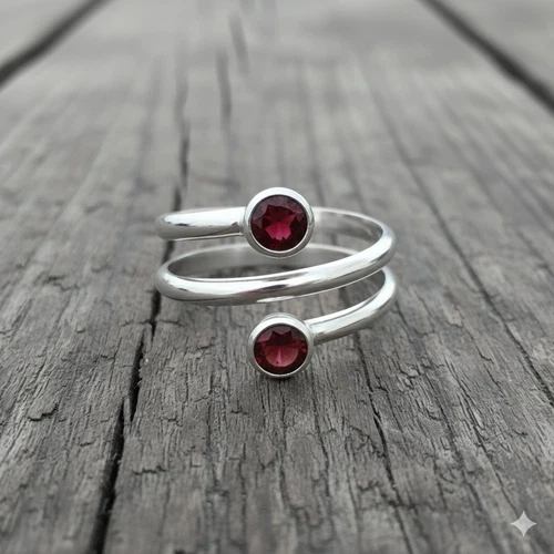 Natural Garnet Double Stone Wrap Ring 925 Silver Adjustable Spiral Band For Her