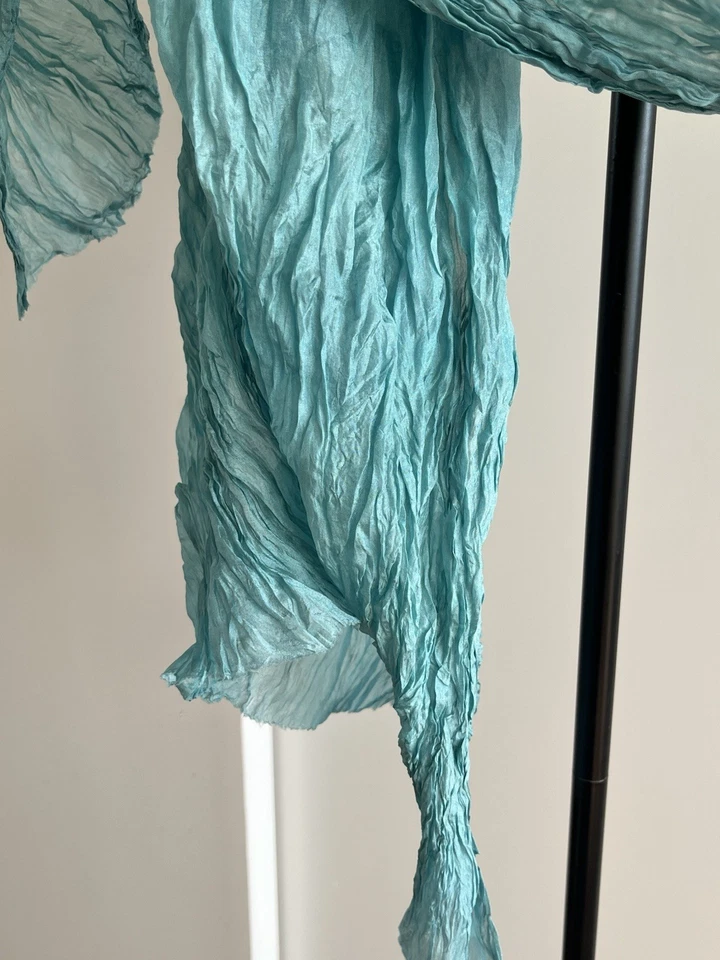 New FabIndia Style Crinkled Scarf Stole Dupatta Silk Teal Turquoise Blue 62" L - Image 4 of 4