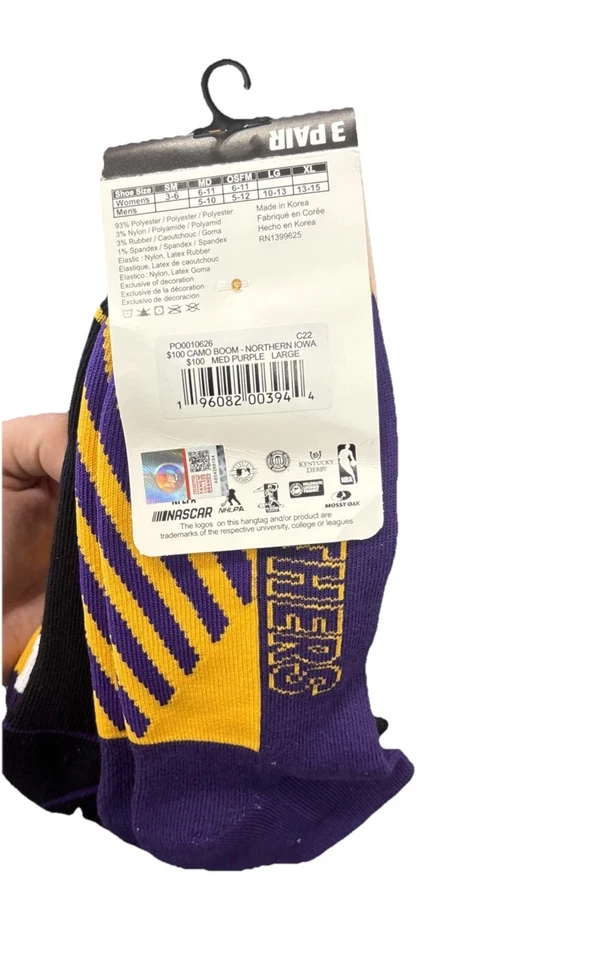 Paquete de 3 calcetines para hombre LG Med púrpura para pies desnudos camuflados Boom Northern IOWA Foto 2 de 2