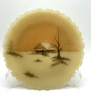VTG Fenton Hand Painted Milk Glass Plate w/ Winter Scene ~ 8" ~ Signed A Lesley