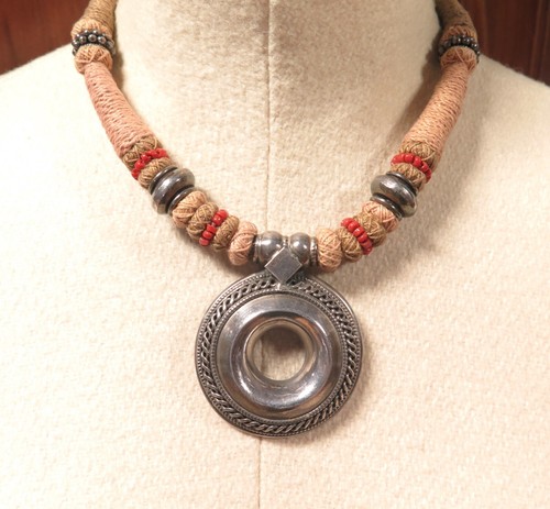 Intriguing Sterling Silver Vintage Coral & Woven Cotton Statement Necklace 72.3g - Picture 6 of 14
