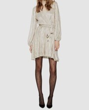  119 Bardot Women's Gold V-Neck Long Sleeve Tied Faux Wrap Dress Size Small