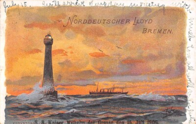 SS KAISER WILHELM DER GROSSE, MENU PC, ARTIST IMAGE ~ used Sea Post Cancel 1906