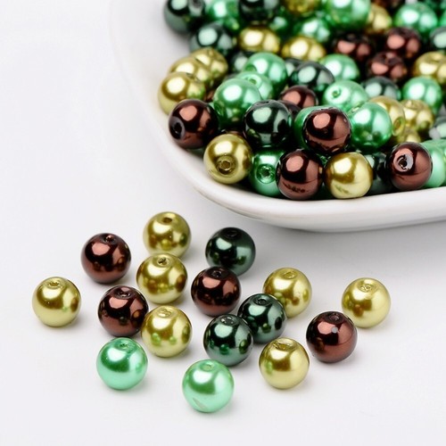 Glass Painted Pearl Mix Faux Mint Chocolate (Greens Brown) 8mm Approx 100pcs - Picture 2 of 3