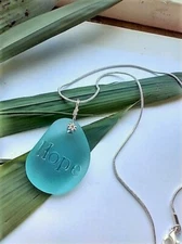 Engraved Inspirational "HOPE" Carib Blue Sea Glass Pendant Snake Chain Necklace