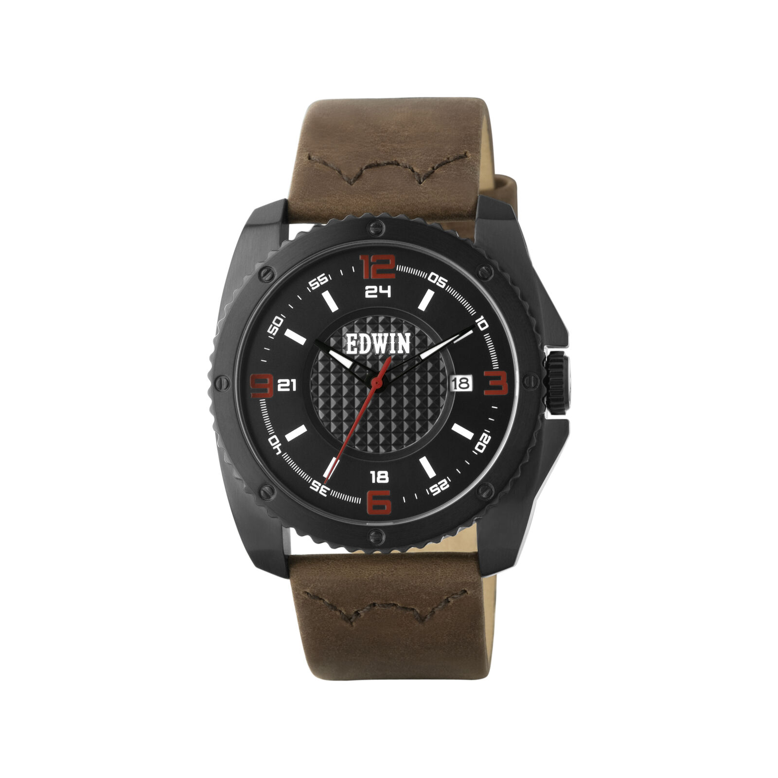 Edwin EMERGE Men's 3 Hand-Date Watch, Black Stainless Steel Case, Brown Leather