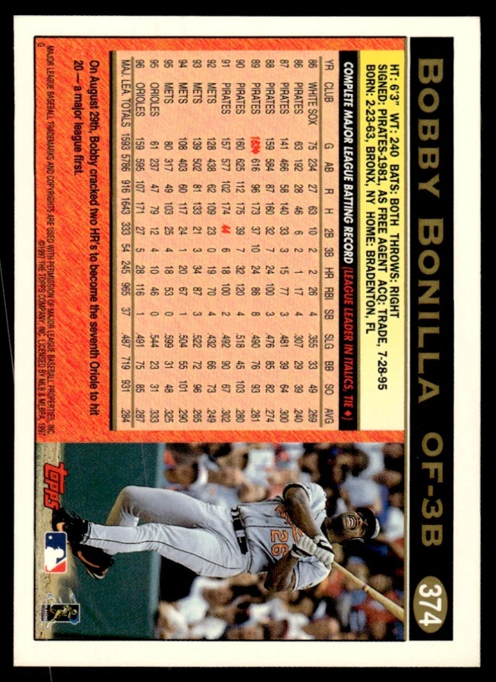 1997 Topps Baseball Card Bobby Bonilla po Baltimore Orioles #374 - Image 2 of 2