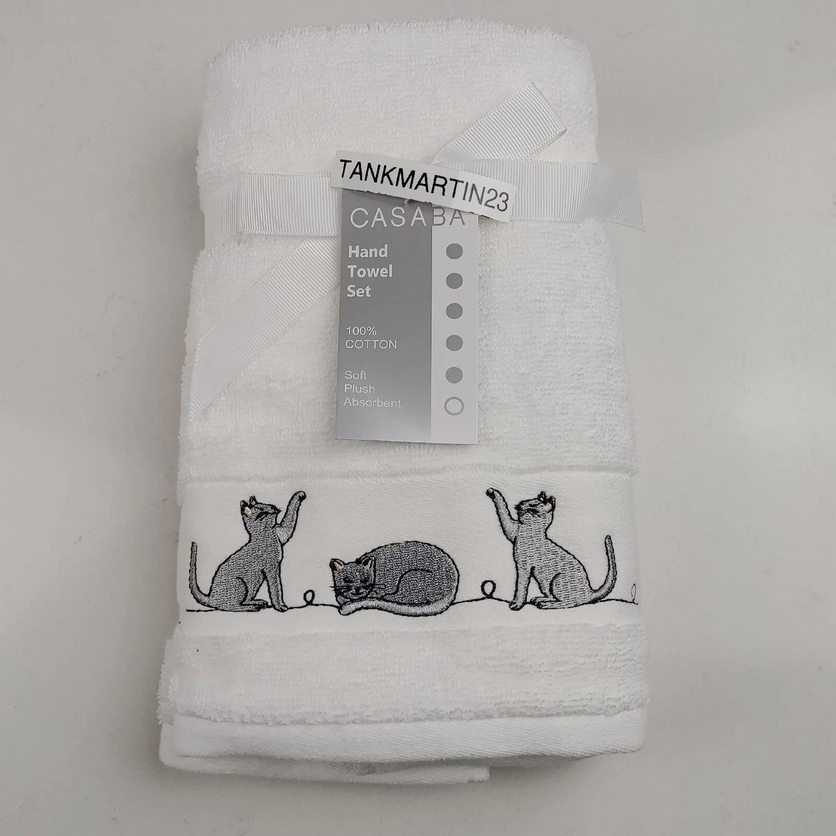 2 Set White Bath Hand Towels Casaba Embroidered Gray Cat Cute Fun 100%  Cotton