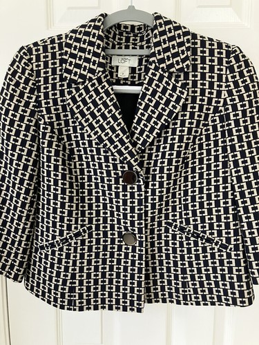 Ann Taylor Loft Black & Tan Swing Back Suit Jacket & Kick Pleat Skirt Women Sz 2 - Picture 2 of 11