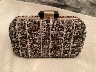 Women s Evening Clutch Fancy Bag, Black White, And Gold With A Chain Strap