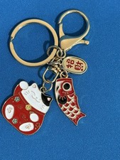 Neko Lucky cat keychain bag charm Fish Good Luck Fortune NEW