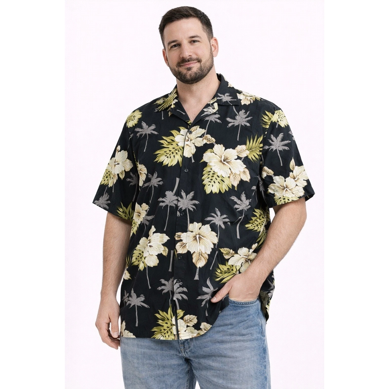 Palmwave Hawaii Button Down Shirt Mens XL Black Tropical Floral Aloha Shirt