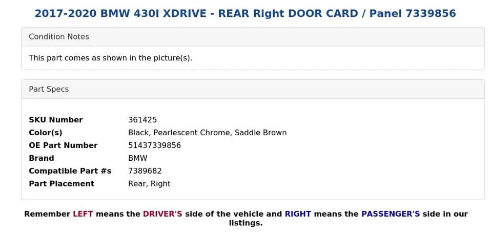 BMW 430I XDRIVE 2017-2020 - tarjeta puerta trasera derecha/panel 7339856 Foto 4 de 4