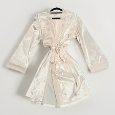 Vtg Petal Pink Satin and Mesh Lingerie Beaded Robe Short Bridal Romantic Sz M