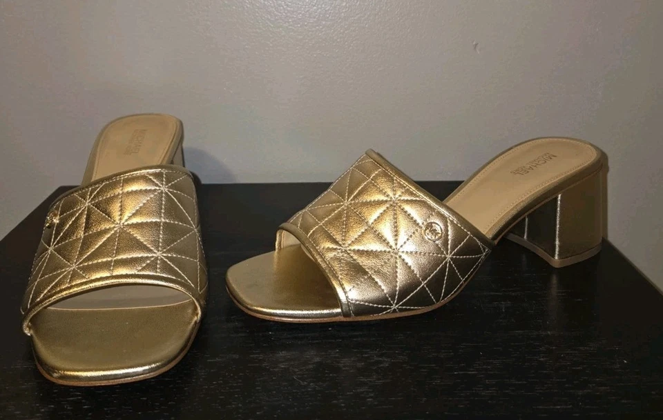 Womens Michael Kors Quilted Metallic Gold Chunky High Heel Slip On Sandals 8.5 - Image 3 of 4