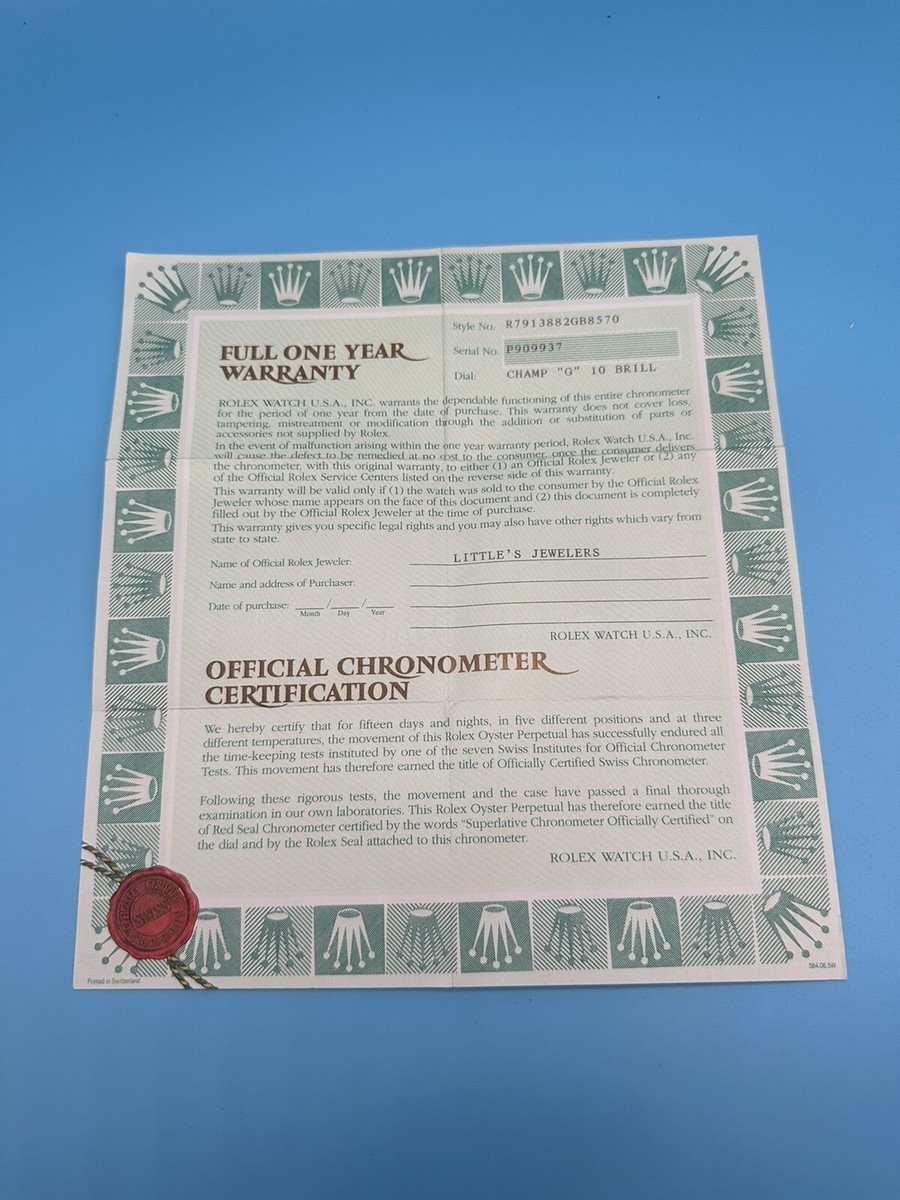 Rolex Certificate Guarantee Warranty For a P serial Datejust 79138