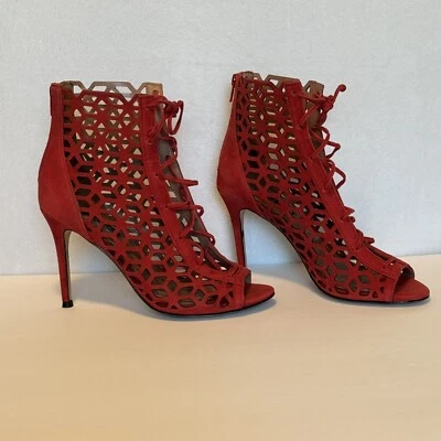 BCBGeneration Lace Up Size 8 Cut Out Red High Heels 4” Stiletto Bootie Open Toe - Image 1 of 4