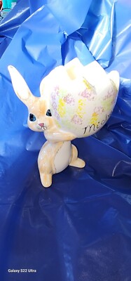 After Easter Sale: Vtg Ceramic Easter Bunny Holding Egg Flower Vase Planter Pot 