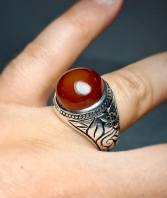 Beautiful Brown Agate Ring With Flower Engraved Silver 925 Carnelian Aqeeq