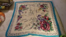Vintage Cotton SCARF Multi-Colored Floral, Turquoise Border,29"x29", Japan
