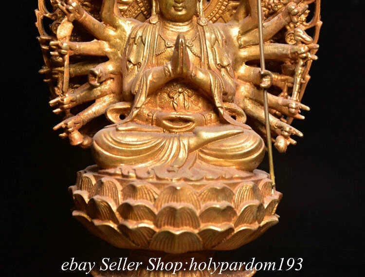 Статуэтка Авалокитешвара Бога из старой тибетской бронзы позолота 1000 гербов 10,8 дюйма   - Изображение 4 из 4